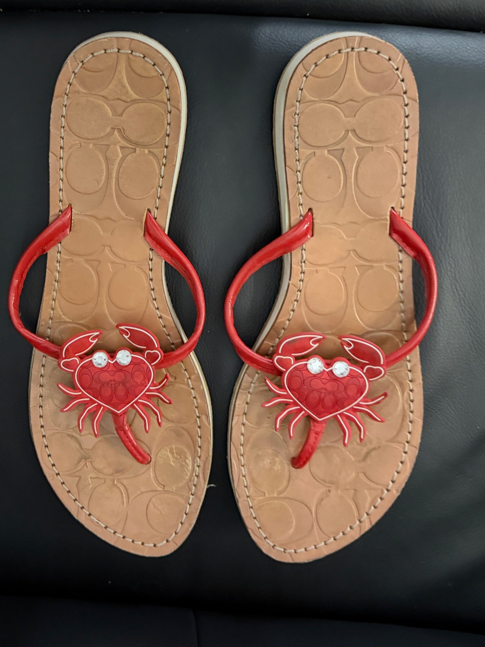 Coach Tan Footbed Sandals with Red Crab Accent